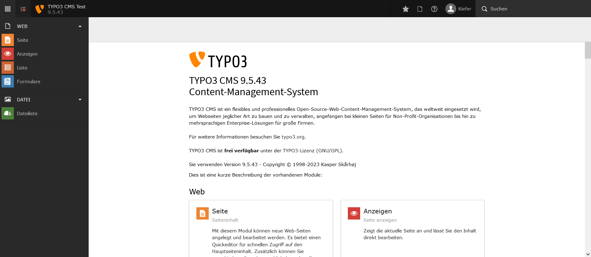 Screenshot TYPO3 Administration